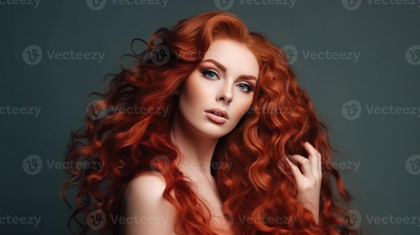 Long red curly hair girl. Illustration photo