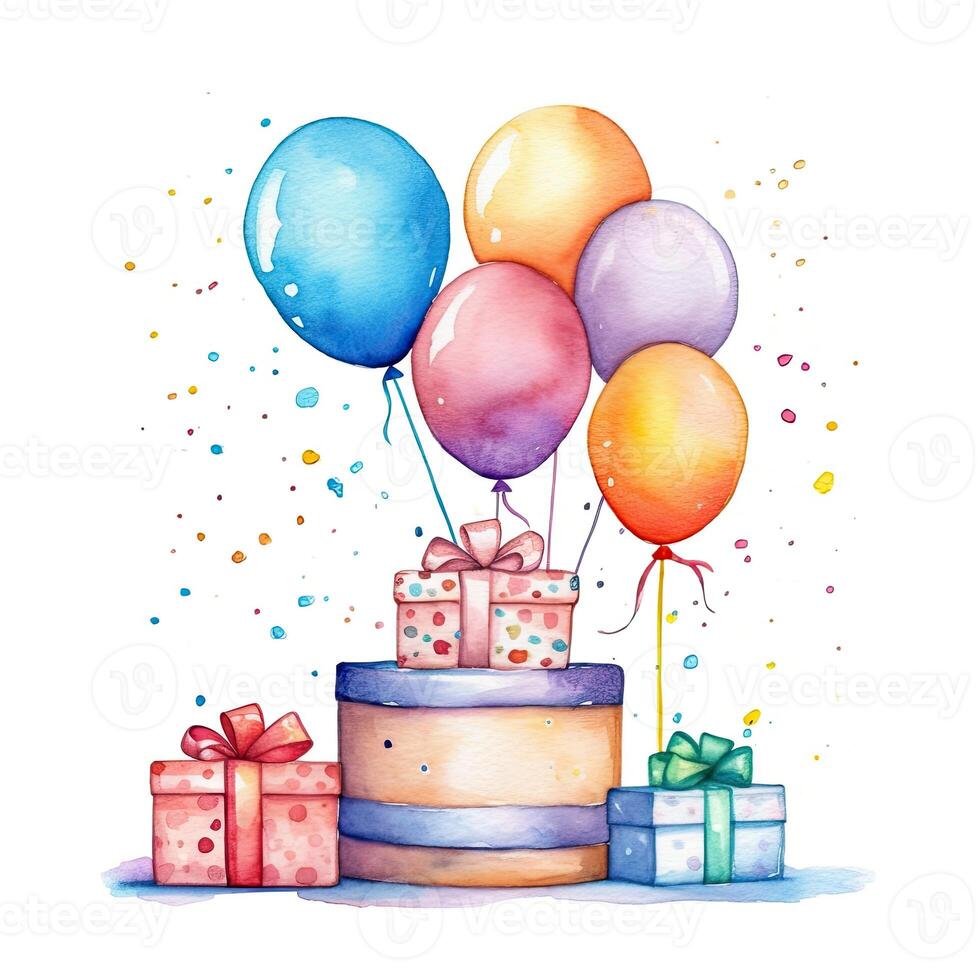 Watercolor Happy Birthday Gift Boxes with Balloons. Illustration photo