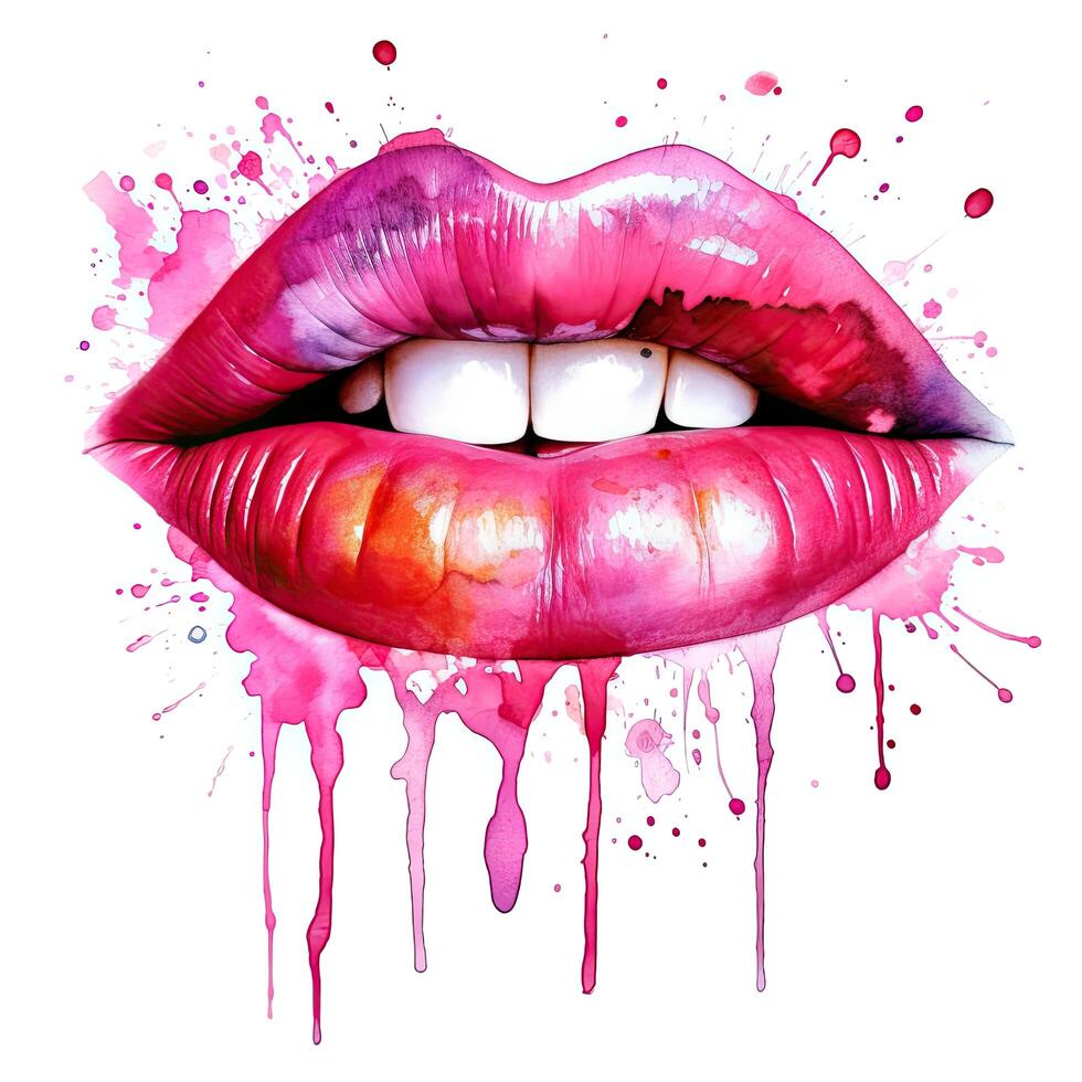 Pink watercolor lips. Illustration photo