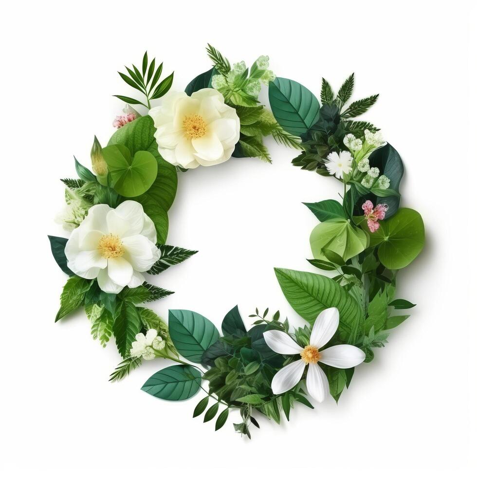 Green natural wreath on white. Illustration photo