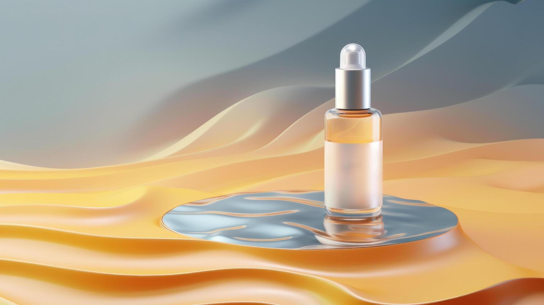 Cosmetic bottle displayed on the wavy ripple water background. Illustration photo