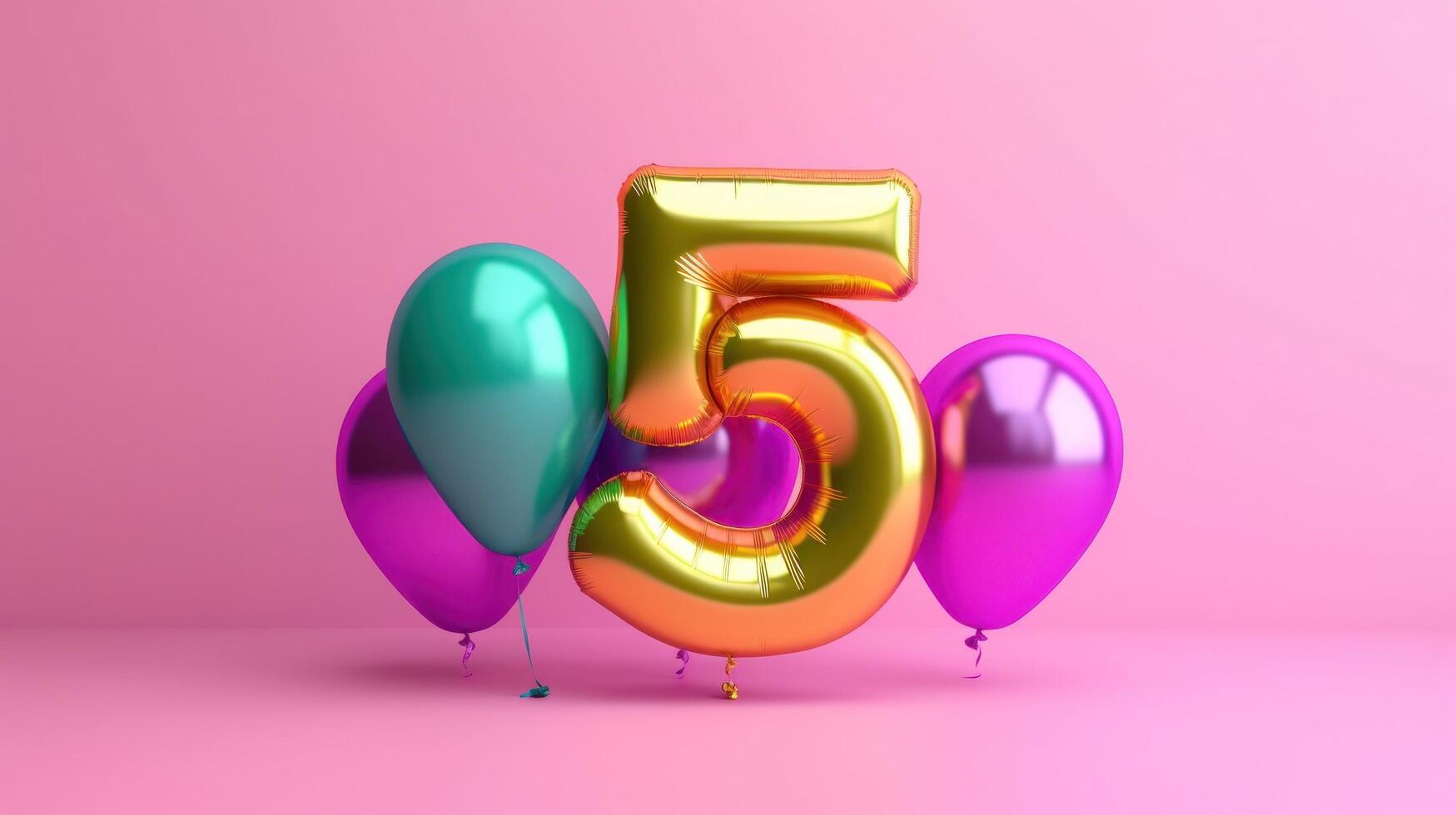 Pink background with balloon number 5. Illustration photo