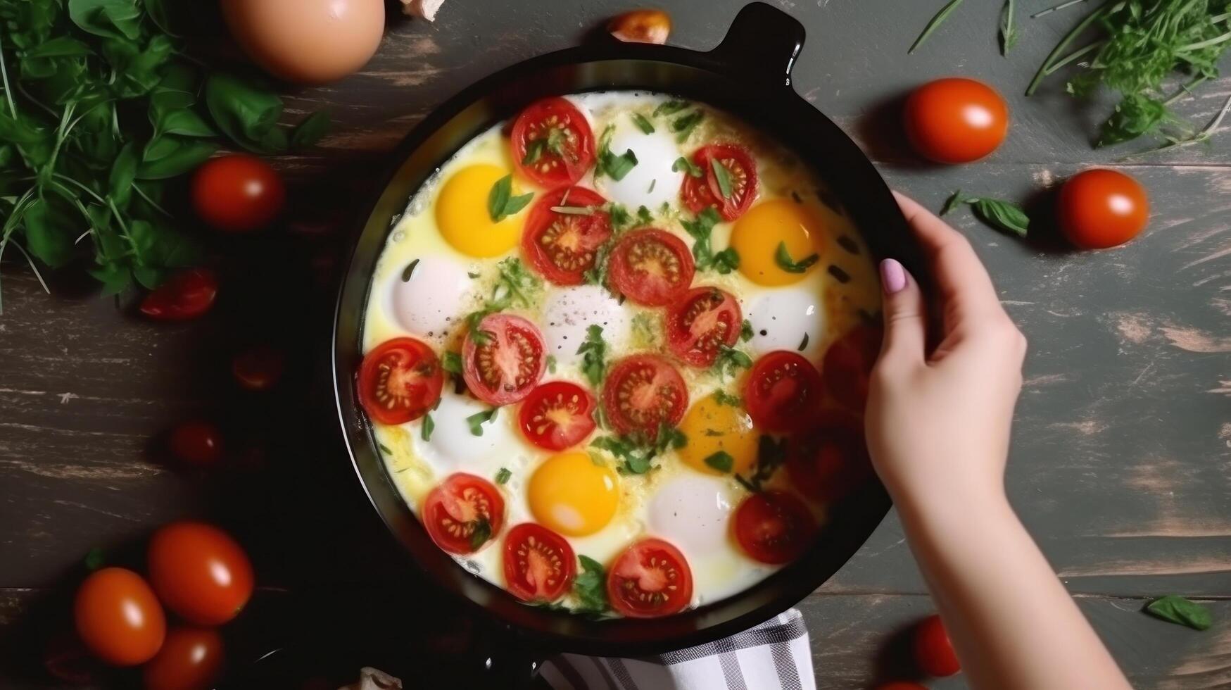 Frying pan with cooked eggs, herbs, cheese, tomatoes. Illustration photo