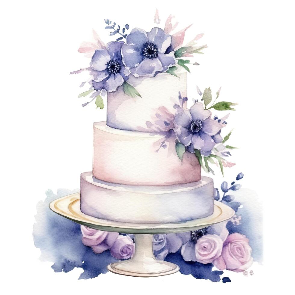 Watercolor wedding cake with flowers. Illustration photo