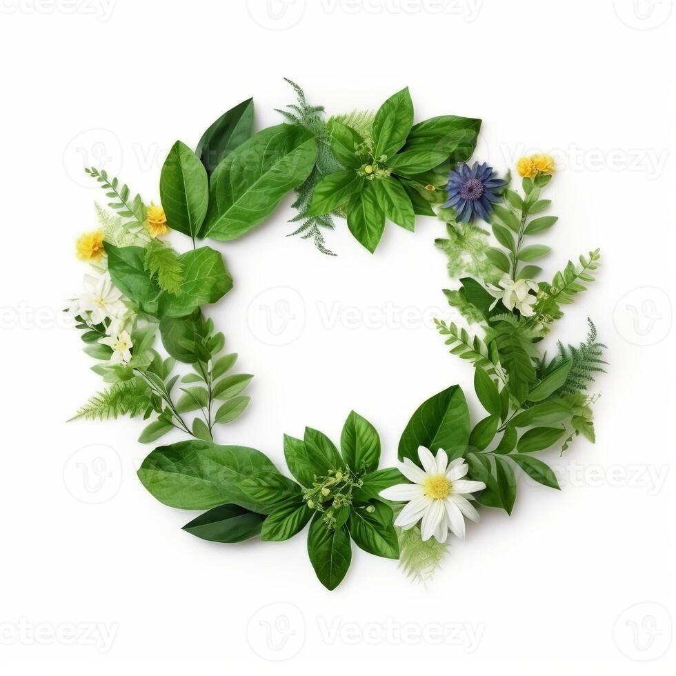 Green natural wreath on white. Illustration photo