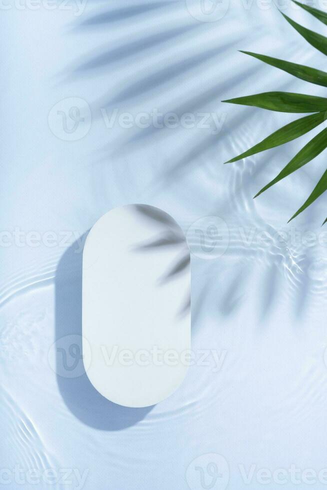 Podium or pedestal with water ripple and palm leaves shadow flat lay, top view. Summer cosmetic template, mock up photo