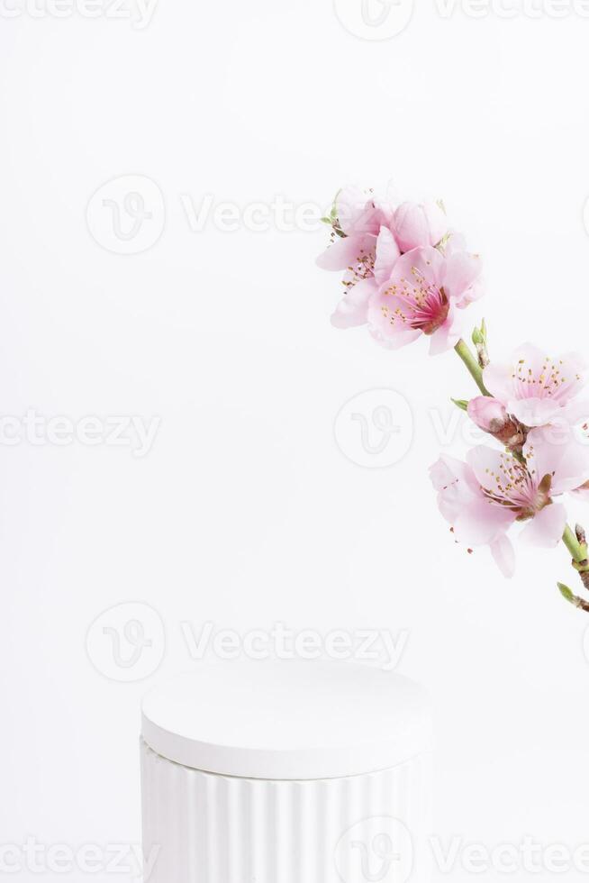 Podium or pedestal for cosmetics product decorated with cherry blossom twigs. Cosmetic template photo