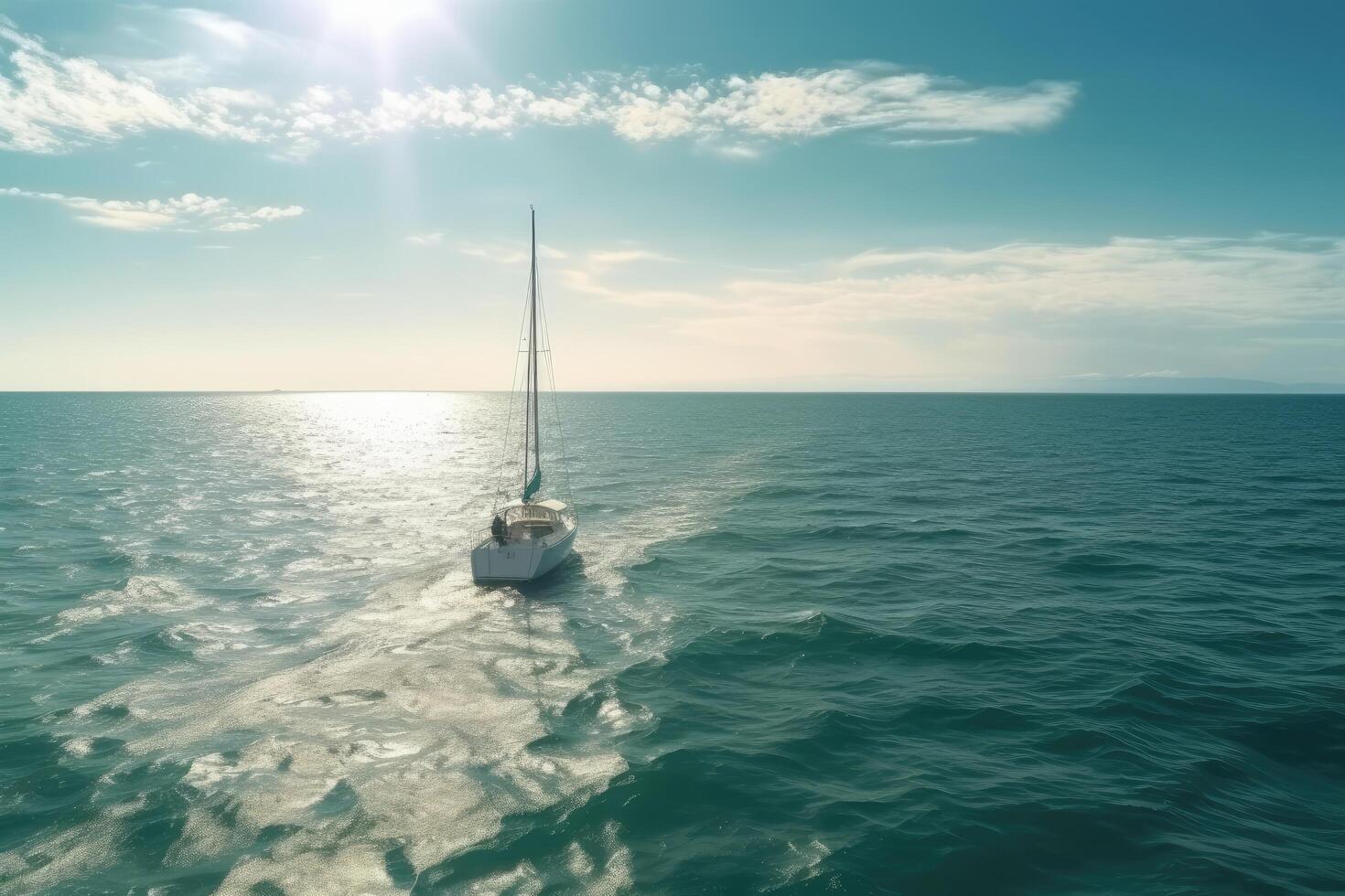 velero en el mar. hermosa marina. 3d representación, un pequeño yate graciosamente navegación en el tranquilo aguas de un hermosa Oceano en un soleado día, ai generado foto