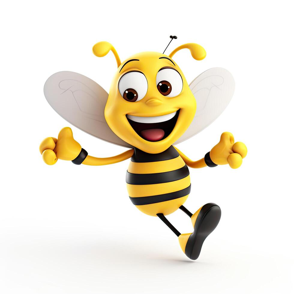 Cartoon character of bee with thumbs up pose. 3d illustration, A cartoon bee with a happy face and arm raised in a cheerful gesture. photo