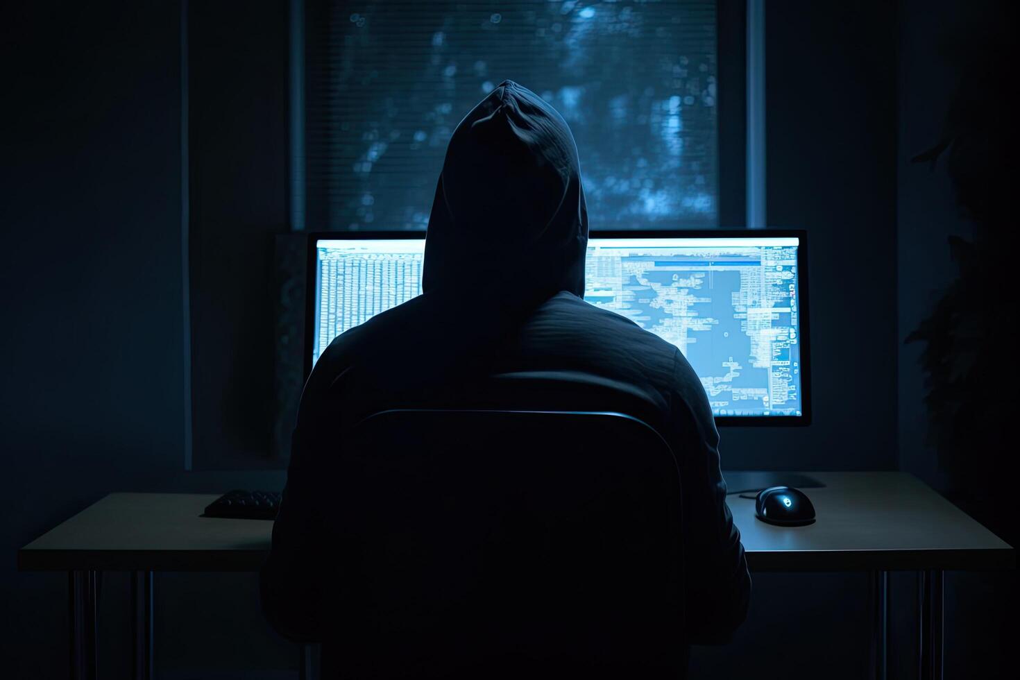 Hooded hacker sitting in front of computer monitor in a dark room, An anonymous hooded hacker full rear view coding on computer, photo