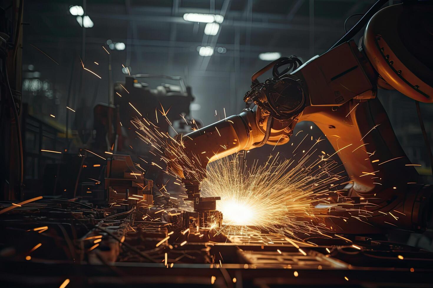 Industrial robot welding automotive parts in a factory. Smart industry concept, A robot hand welding in a factory joins metal components together, sparks flying, photo