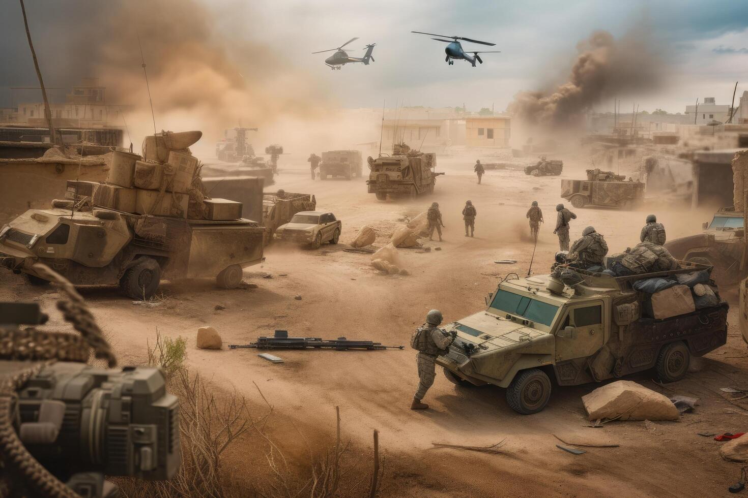 War Concept. Military silhouettes fighting scene on war fog sky background, World War Soldiers Silhouettes Below Cloudy Skyline At night. Attack scene. Armored vehicles. Tanks battle, photo