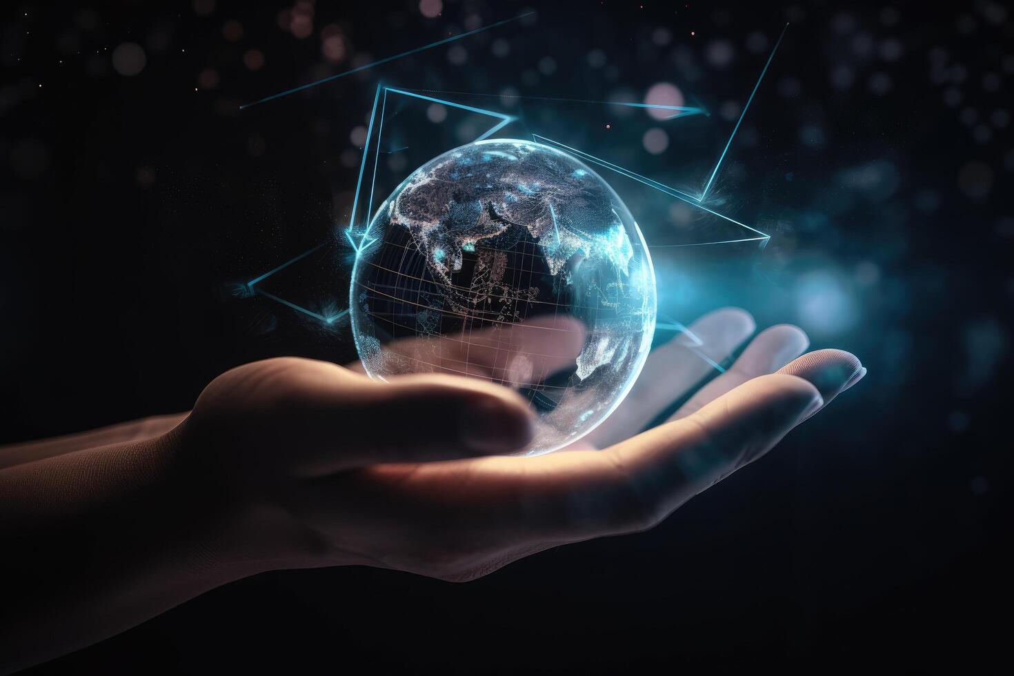 Close up of human hand holding glowing earth globe. 3D rendering, photo