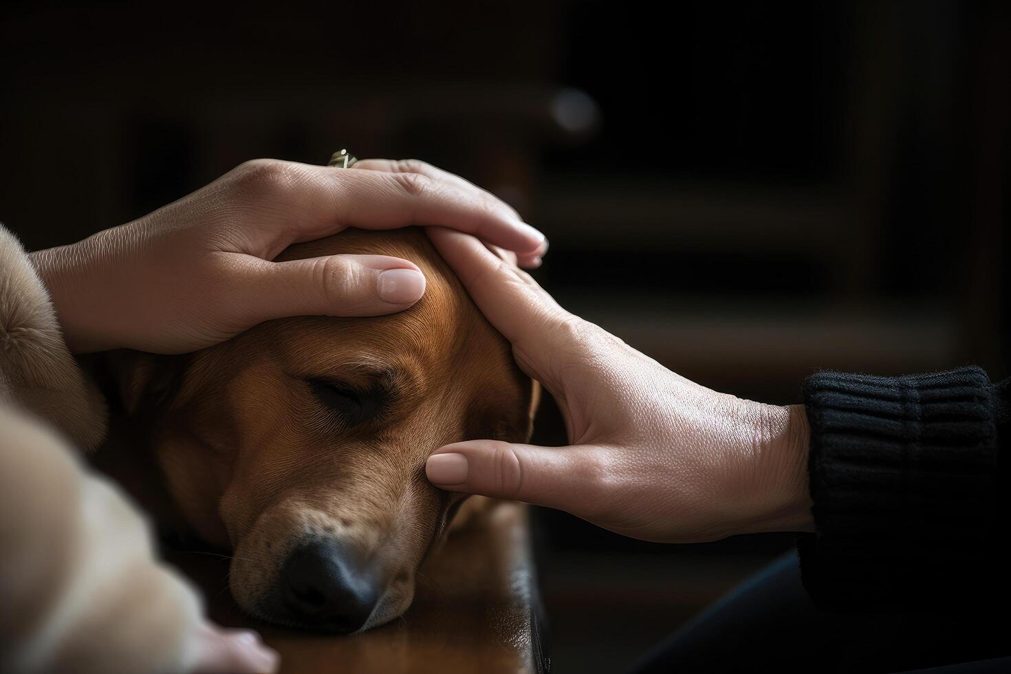 Young man and dog at home, closeup. Animal care concept, A person petting his dog, symbolizing a close bond, photo
