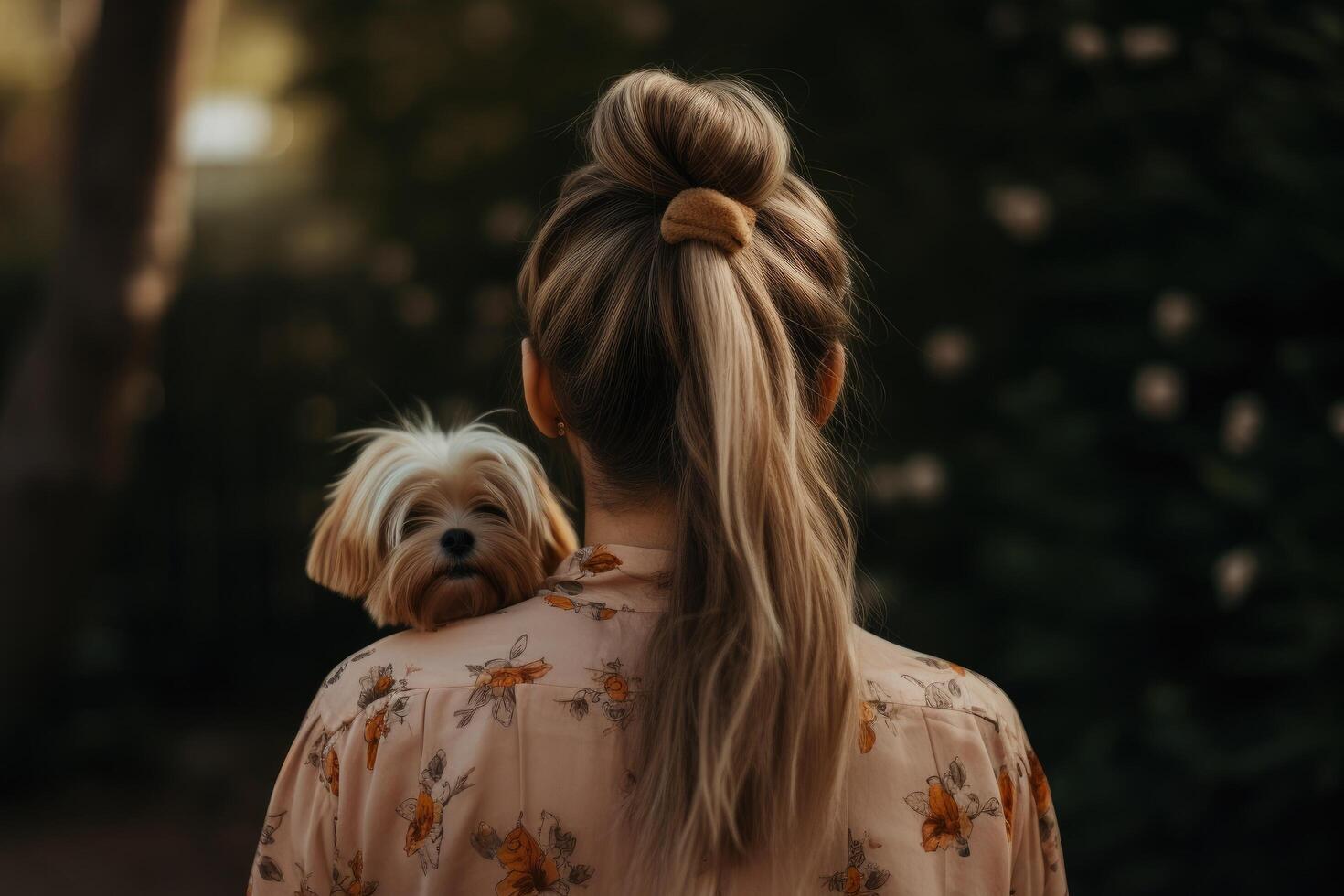 espalda ver de joven mujer con Yorkshire terrier perro en el parque, un joven mujer posterior ver participación su perro en el hombro, ai generado foto