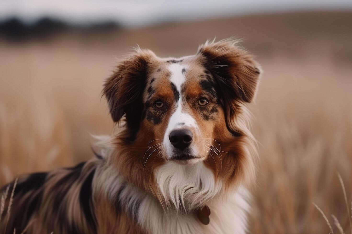 Australian shepherd dog in the field. Beautiful Australian Shepherd dog portrait. photo