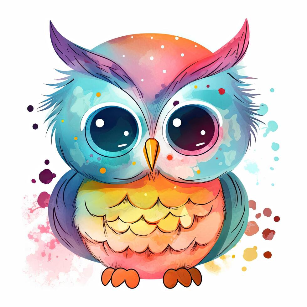 Colorful owl baby illustration for kids coloring page. Cute owlet collection sitting on a white background. Baby owl with cute eyes and colorful feathers. Owlet sitting set design. . photo