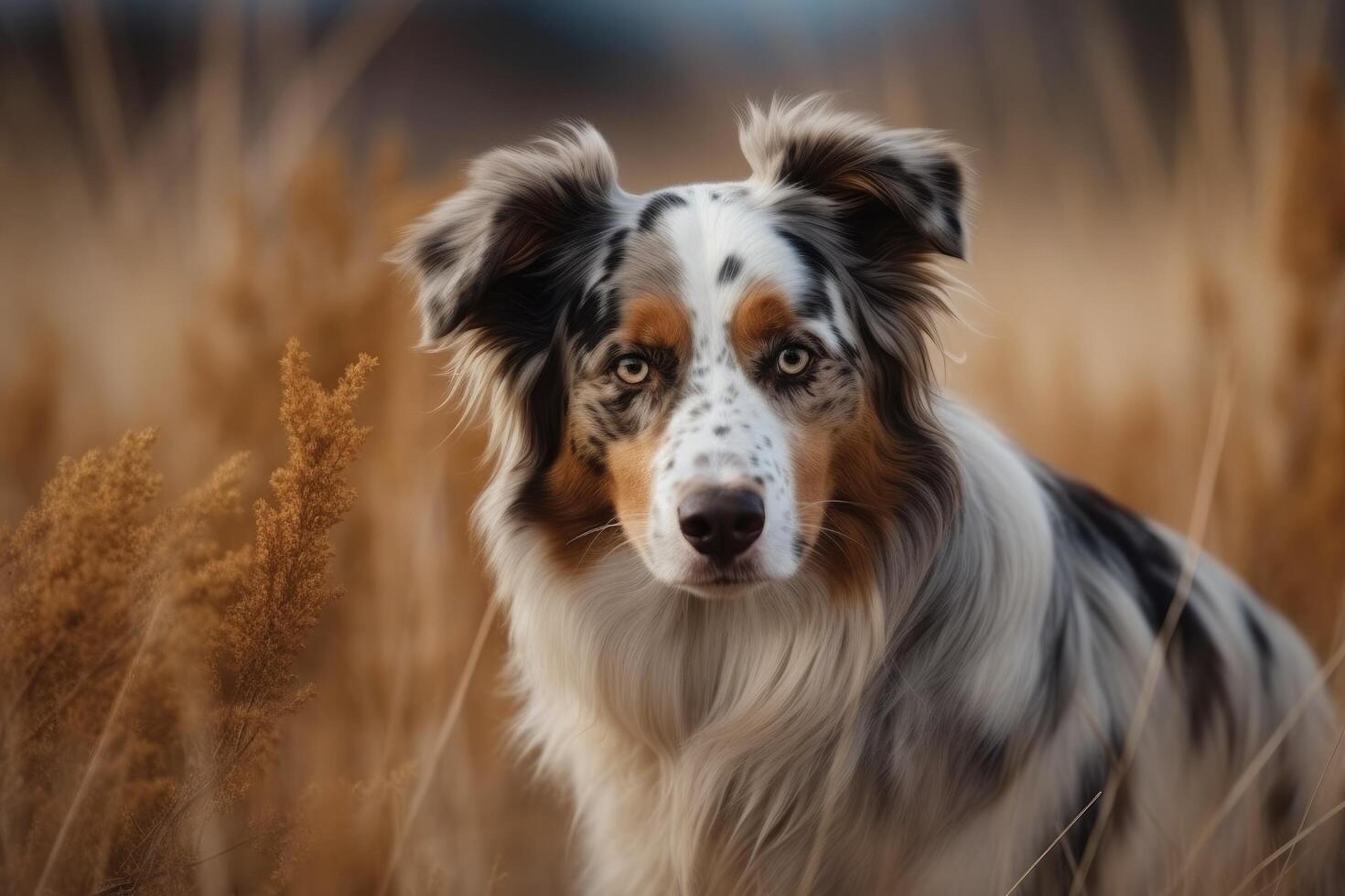 Australian shepherd dog in the field. Portrait of australian shepherd photo