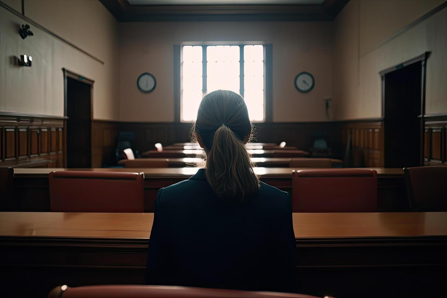 posterior ver de un mujer sentado en un sala de justicia y mirando fuera el ventana, un mujer posterior ver testificando en un sala de justicia, ai generado foto