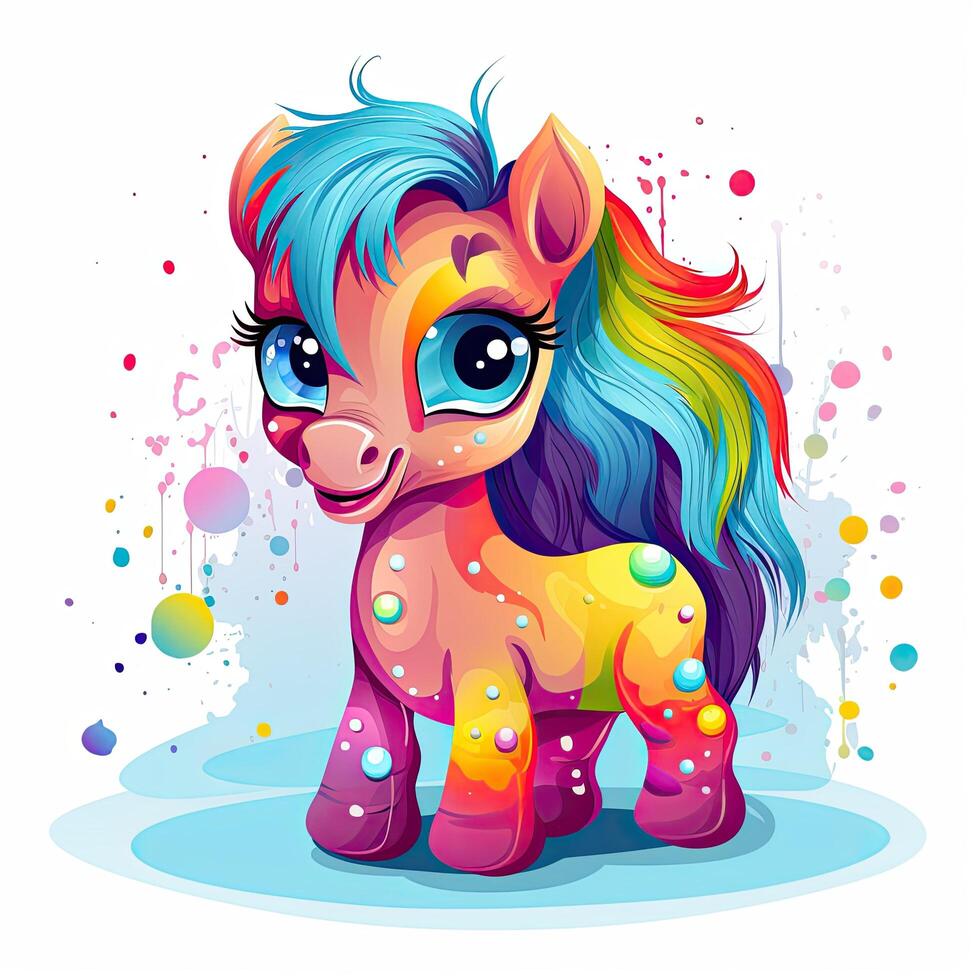 juguetón caballo bebé conjunto ilustración para niños. vistoso bebé caballo con largo pelo jugando en un blanco antecedentes. juguetón caballo bebé diseño para niños colorante página. generativo ai. foto