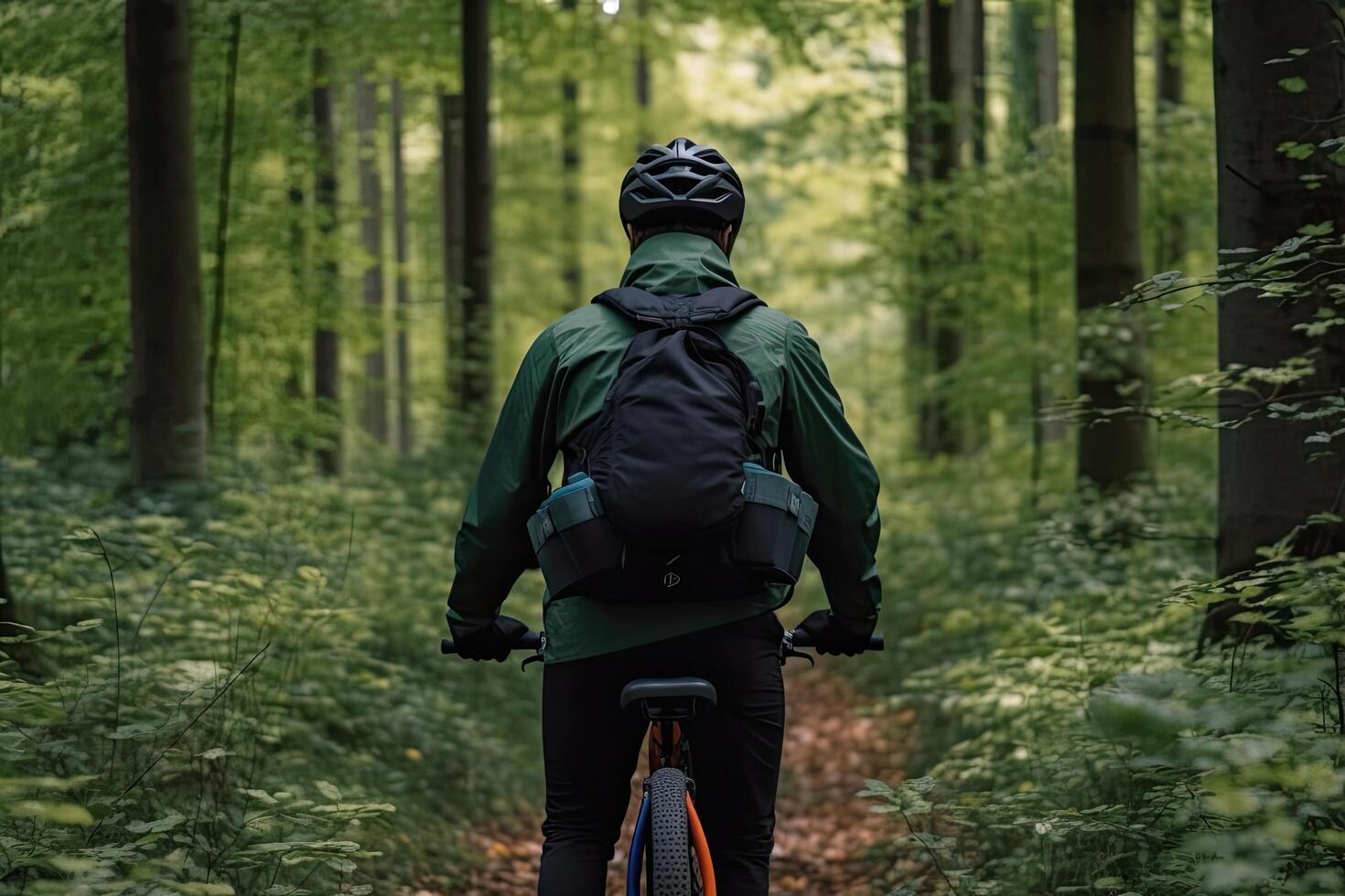 Cyclist with a backpack on the road in the green forest. cyclist full rear view wearing gear and cycling, photo