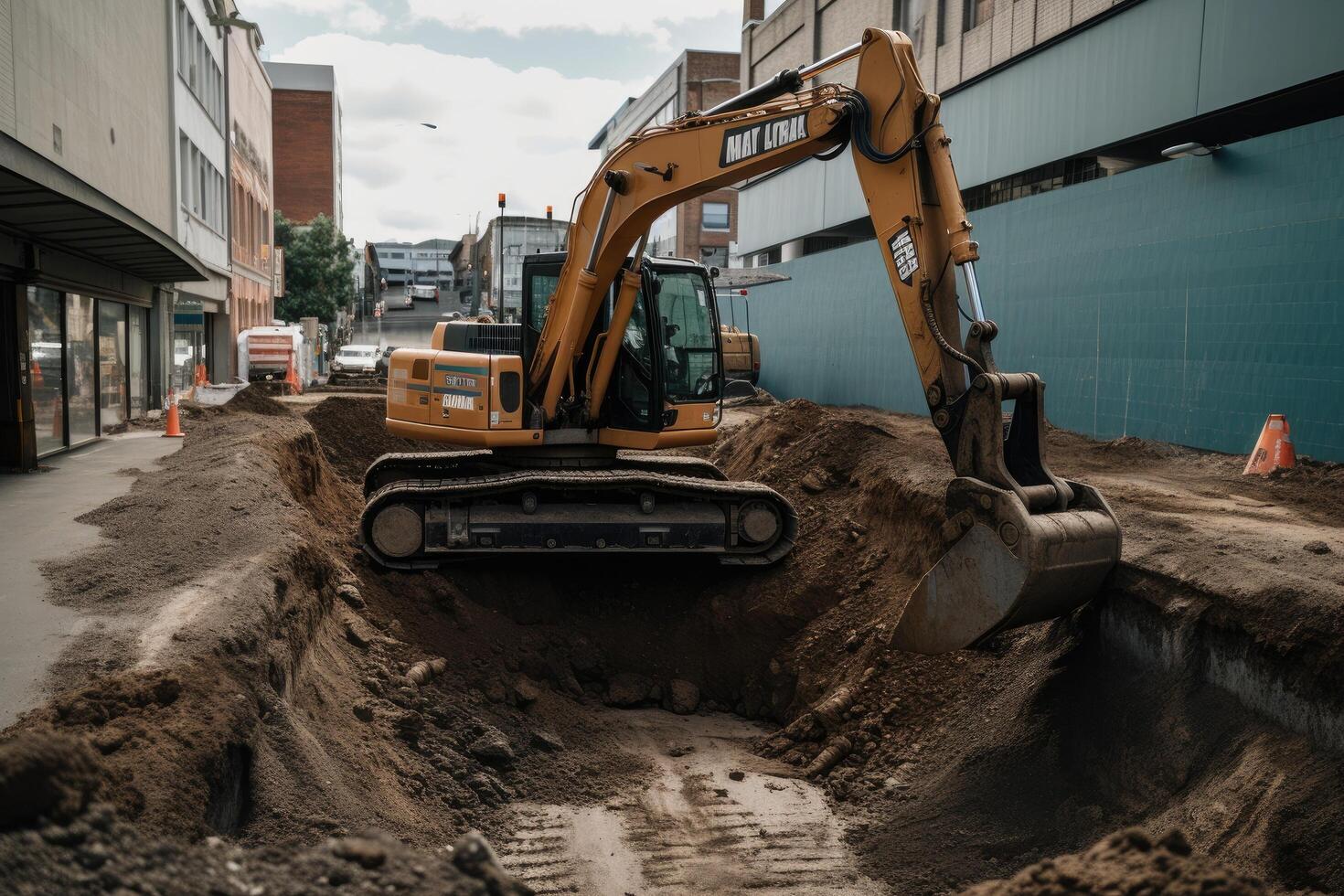 Excavator working on a construction site. Heavy duty construction equipment at work. An excavator digging a deep pit on an urban road, photo