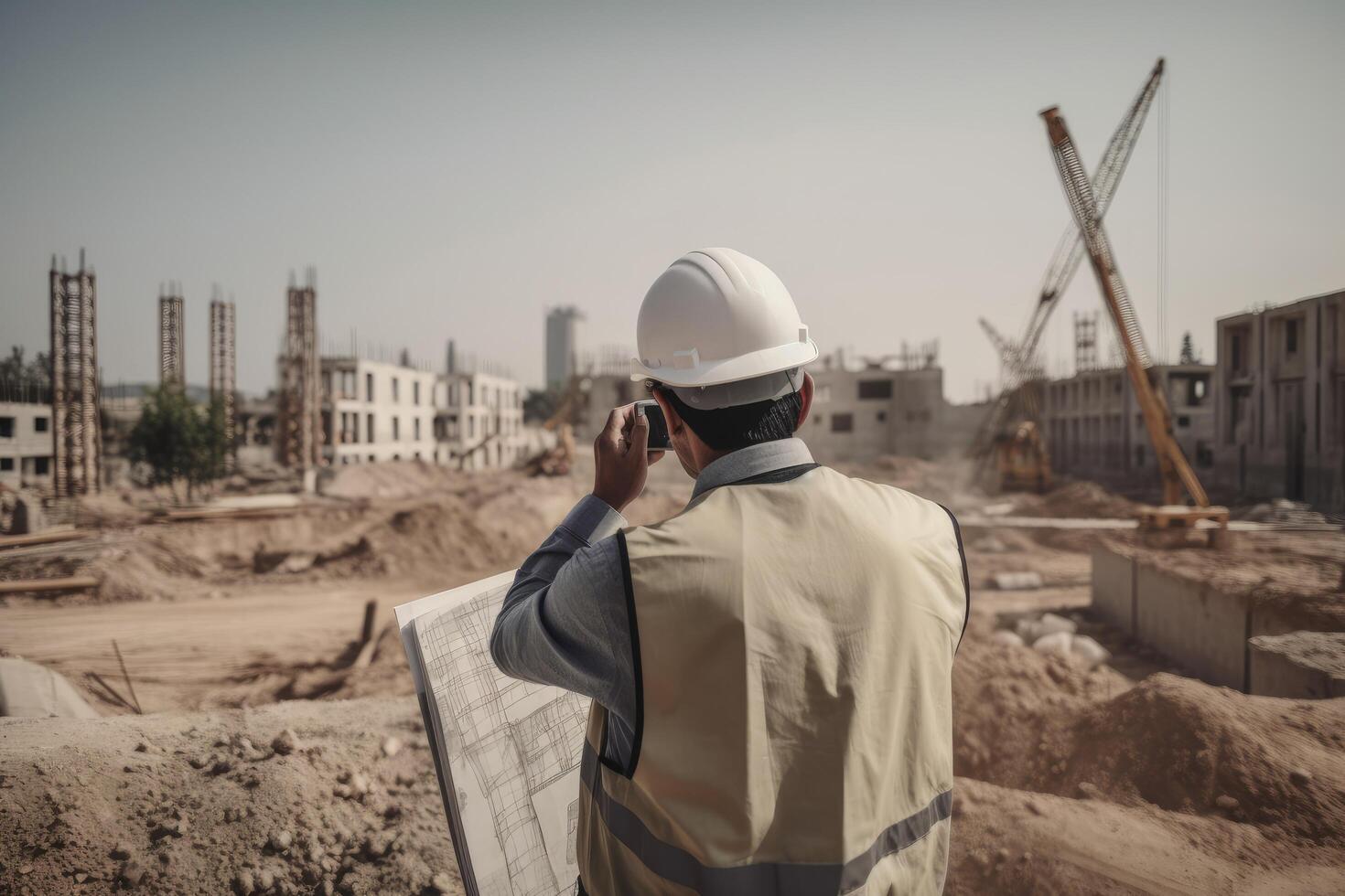 Rear view of a male civil engineer using mobile phone while standing on a construction site, A civil architect engineer inspecting an architecture, photo