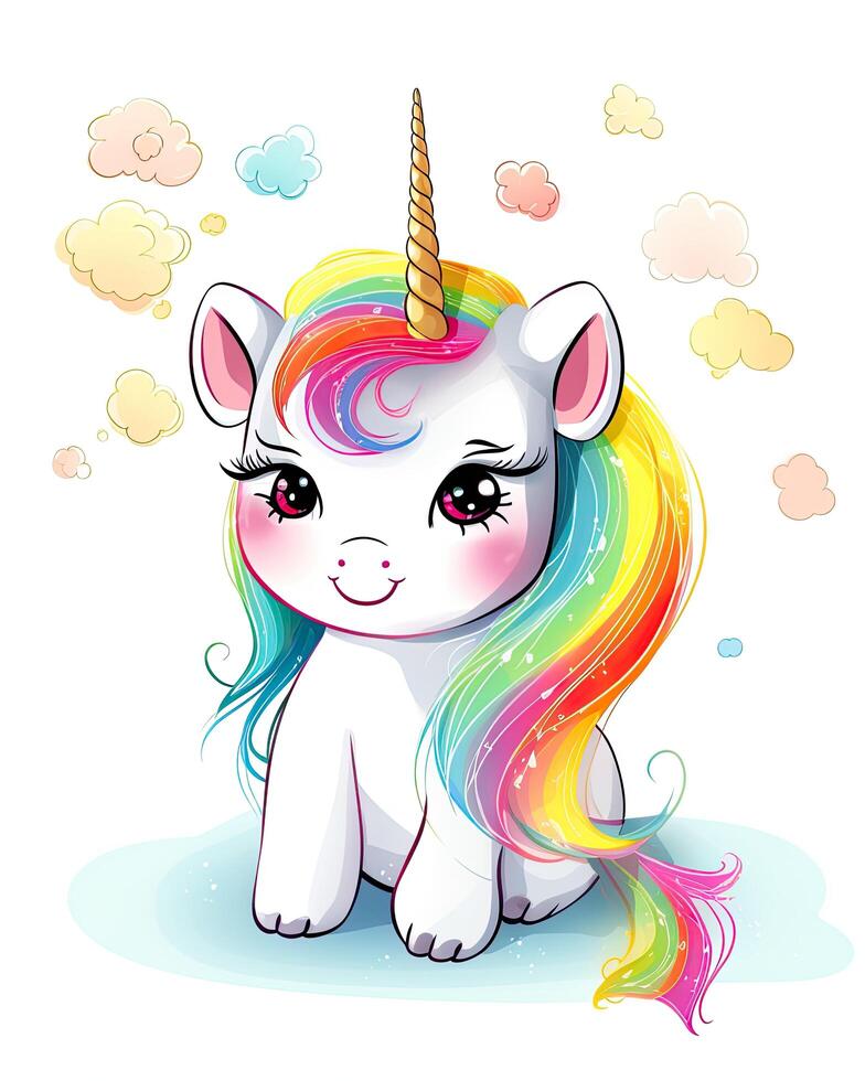 bebé unicornio dibujos animados ilustración en un blanco antecedentes. unicornio cachorros con arco iris color cabello. arco iris unicornio bebé con vistoso pelo y bocina. bebé unicornio diseño. ai generado. foto