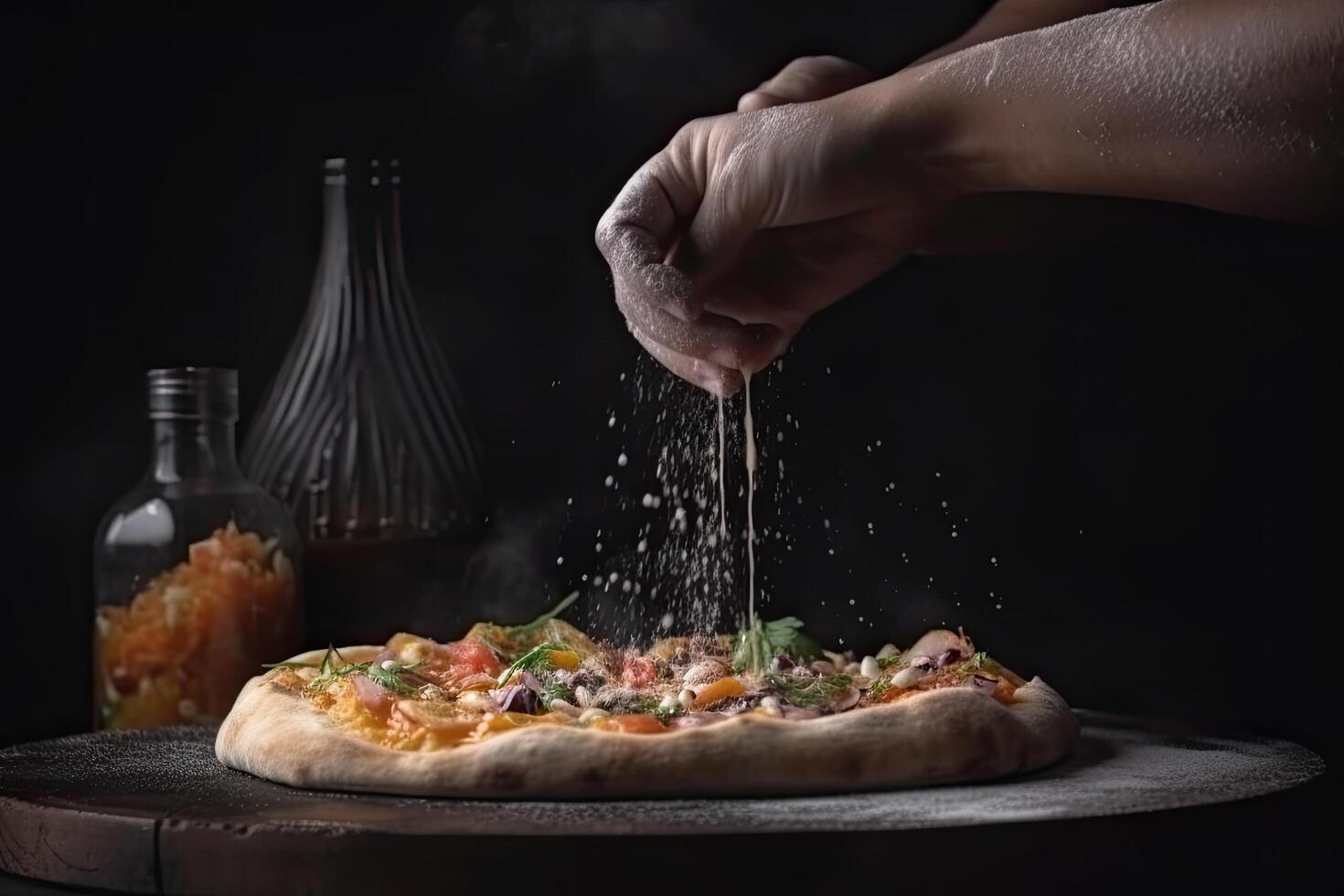 Pizza chef hand sprinkles salt on a pizza on a black background, In a close-up view, the hands of a chef skillfully assemble a delicious photo