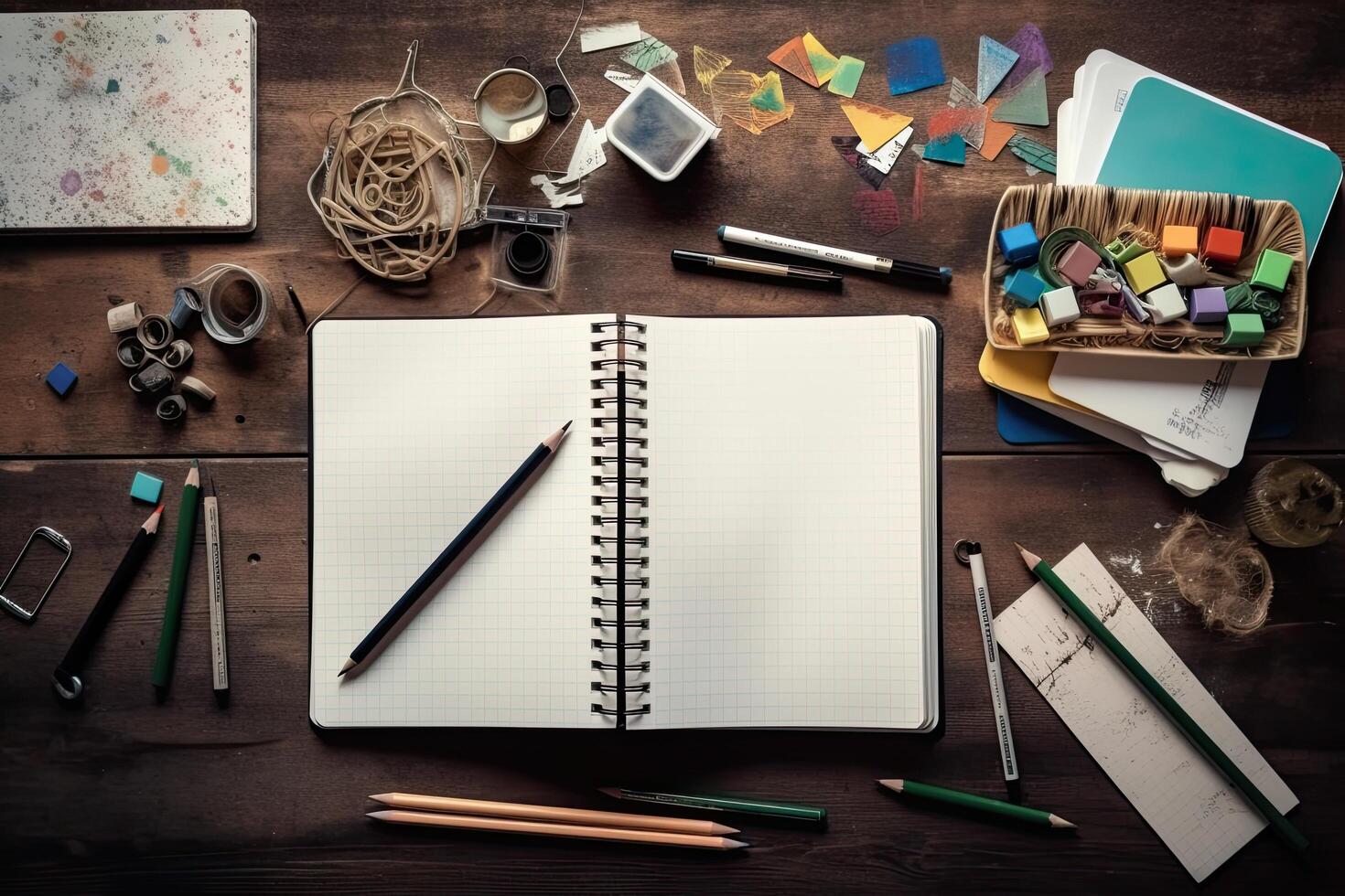 Blank notebook with pencils and other stationery on wooden table, An open notebook on the table top view, photo