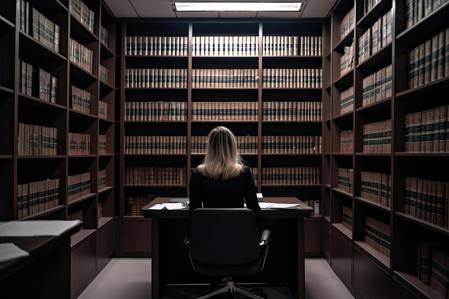 posterior ver de un mujer sentado a el mesa en el biblioteca, un hembra abogado sentado con confianza inmerso en legal trabajar, ai generado foto