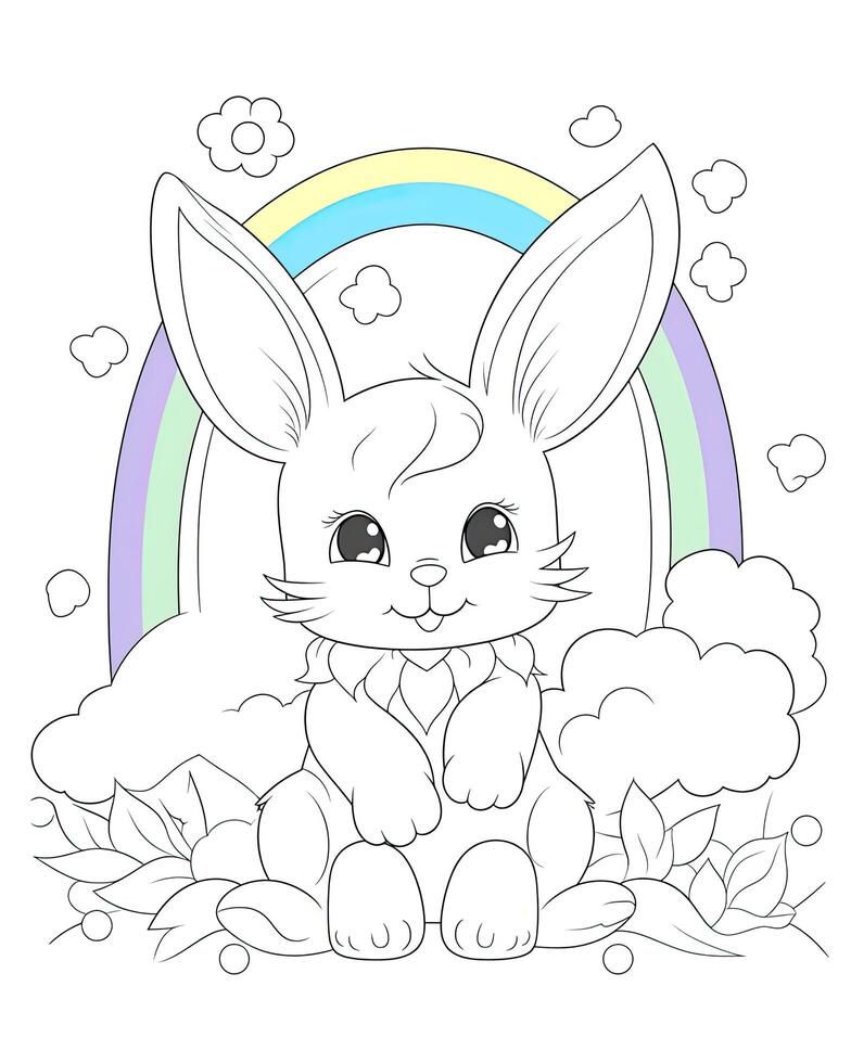 Cute bunny cub with rainbows illustration. Cute bunny illustration with beautiful rainbows on a white background. Cute bunny cub design for kids and adults. . photo