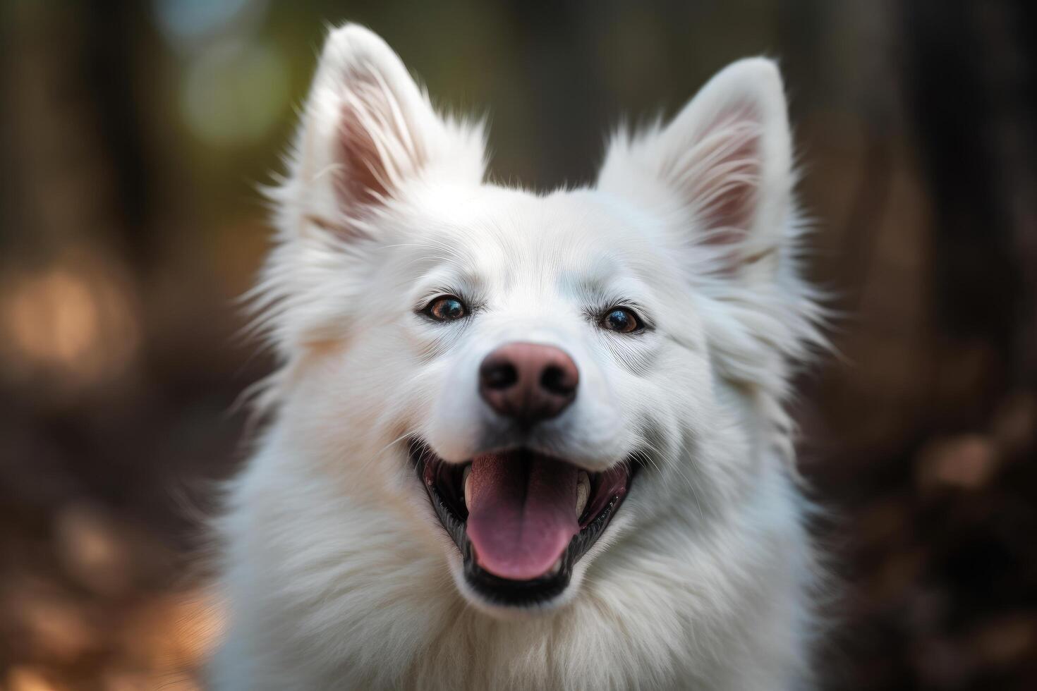 Portrait of a white Samoyed dog in the autumn forest photo