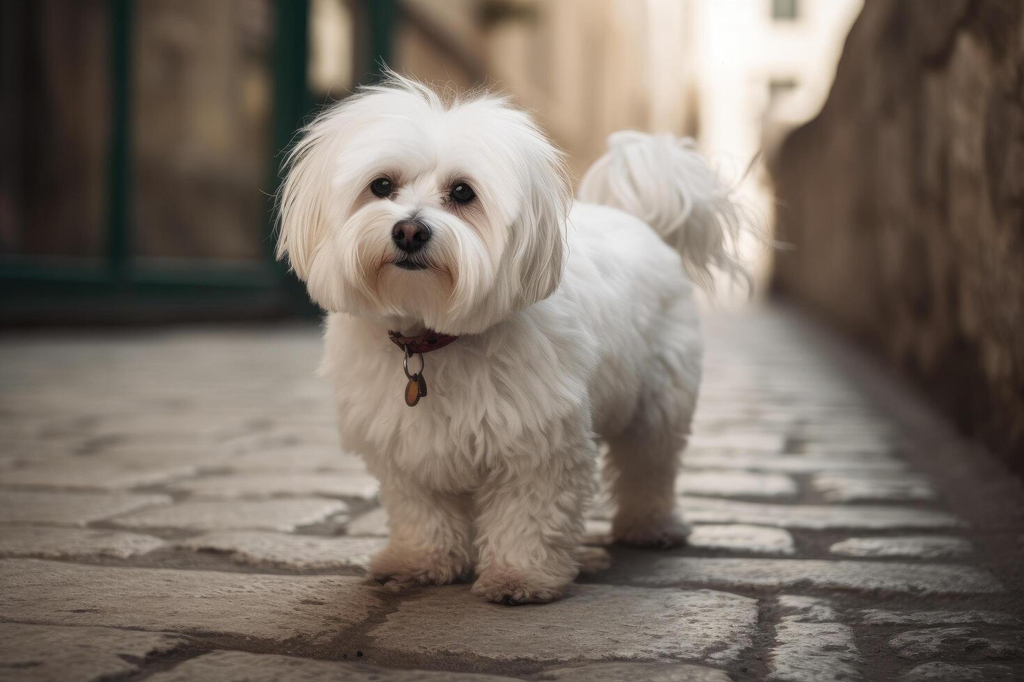 Cute Maltese dog walking in the old city. Selective focus. photo