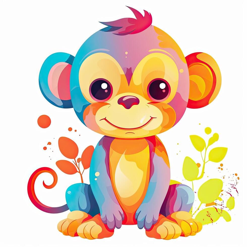 Playful monkey cub bundle illustration for kids. Cute baby monkey illustration with flowers. Monkey cub designs with cute eyes and colorful fur for coloring pages. . photo