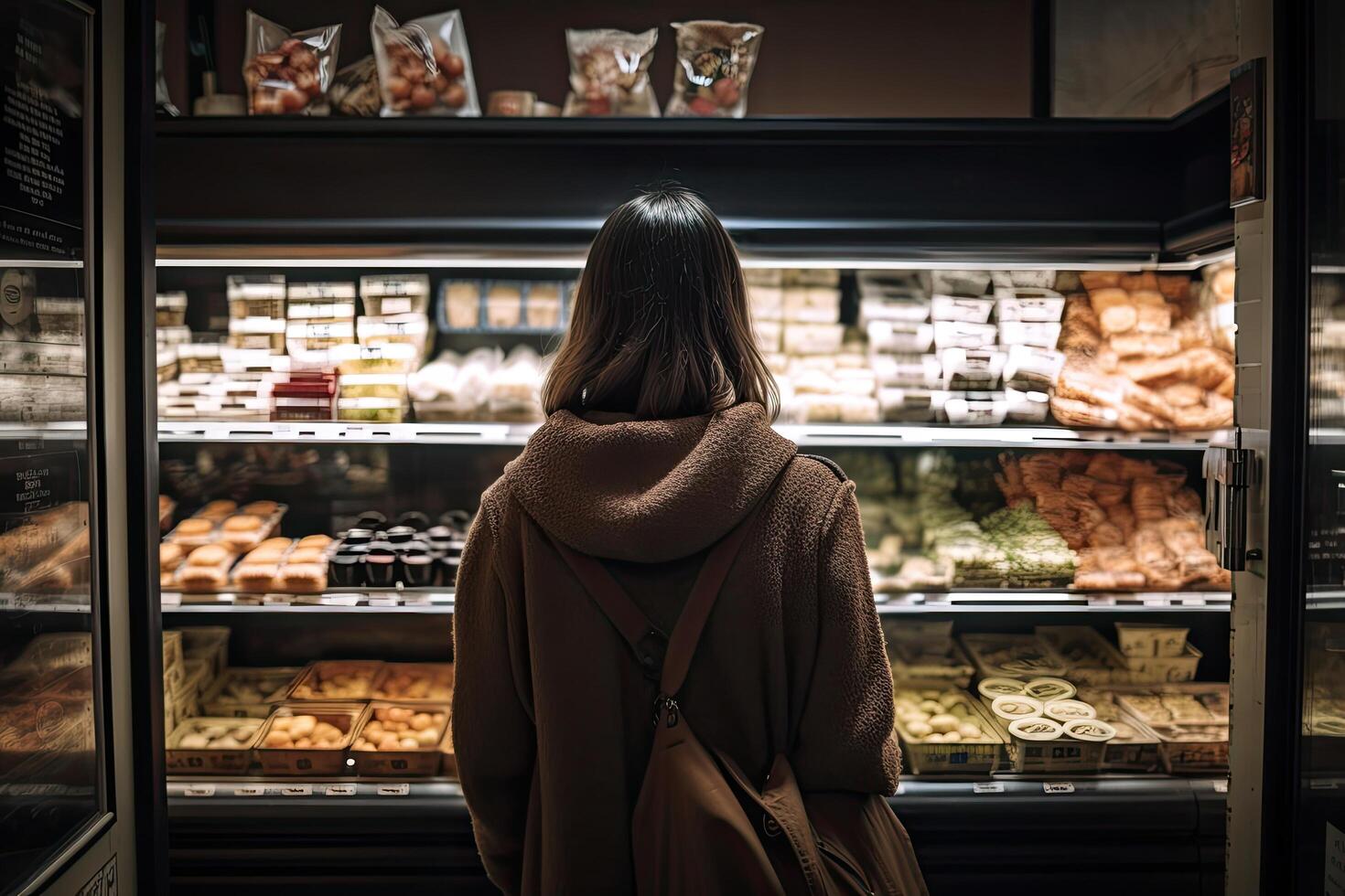 Back view of young woman in brown coat looking at different types of pastry in a bakery shop, A woman full rear view shopping in a food shop, photo