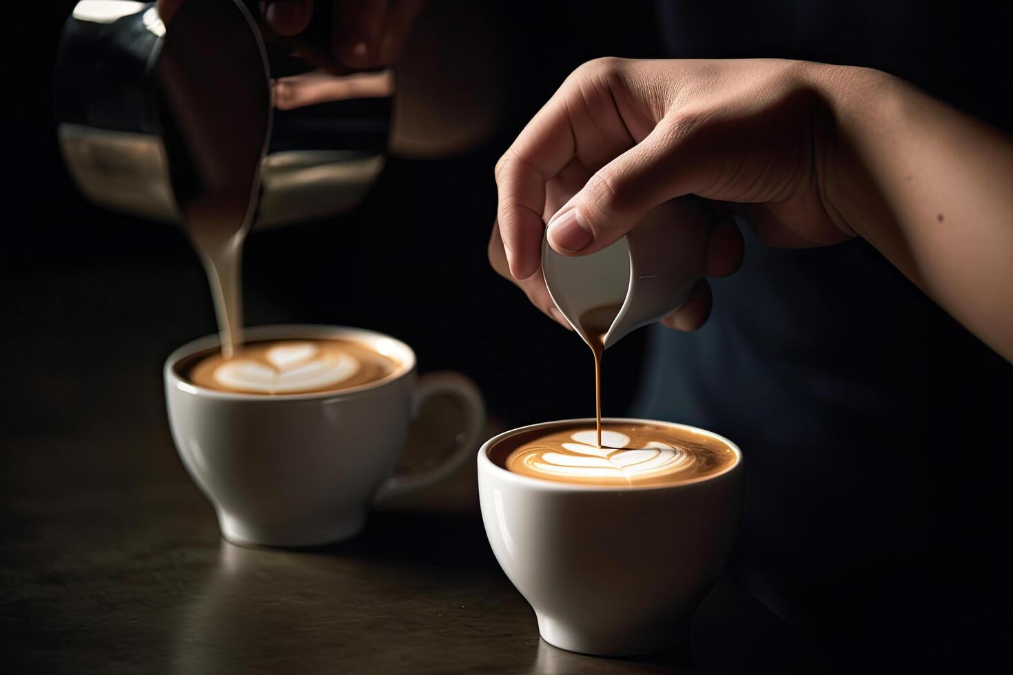 Barista making latte art coffee in coffee shop, A coffee cup in a close up, held by a baristas hand and pouring coffee, photo