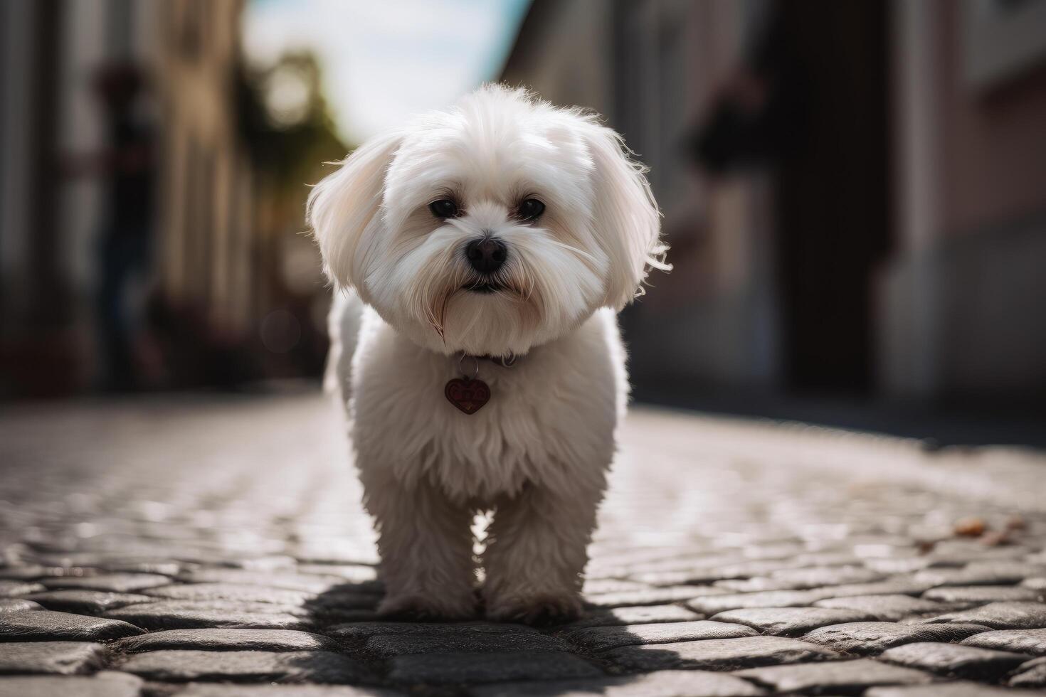 Cute little Maltese dog standing on a cobblestone street photo