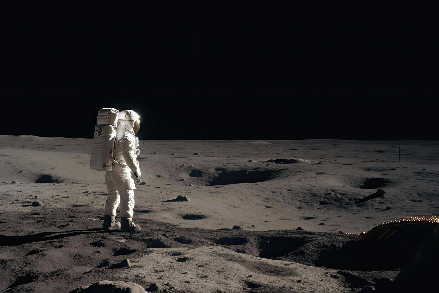 Astronaut on the surface of the moon in outer space. An astronaut stands on the surface of the moon and looking at earth, photo