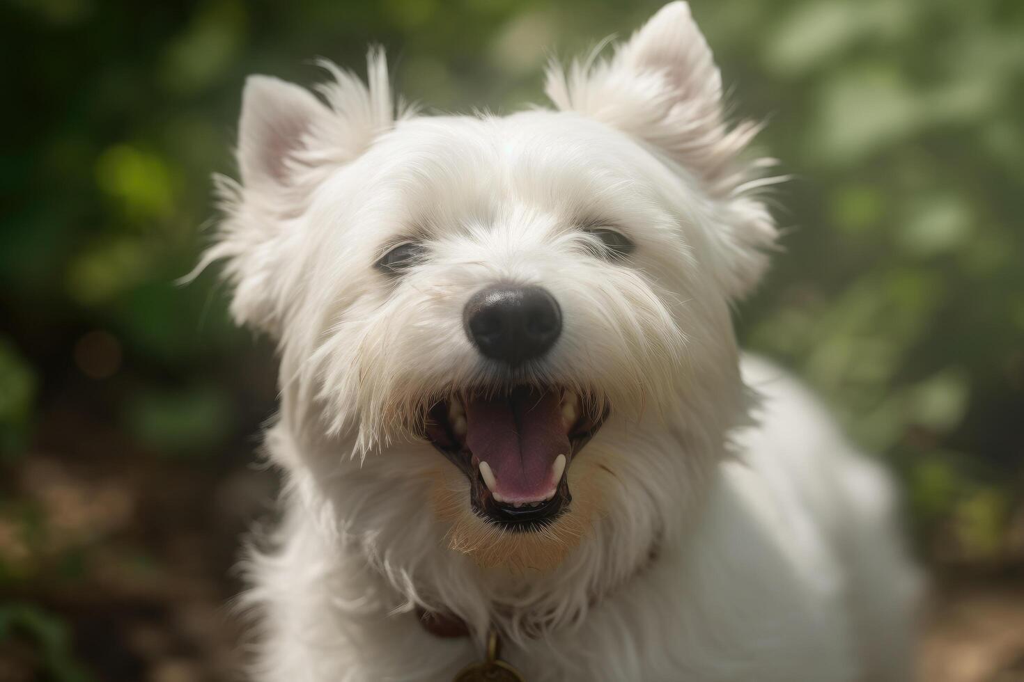 West Highland white terrier portrait in the garden. Shallow DOF photo