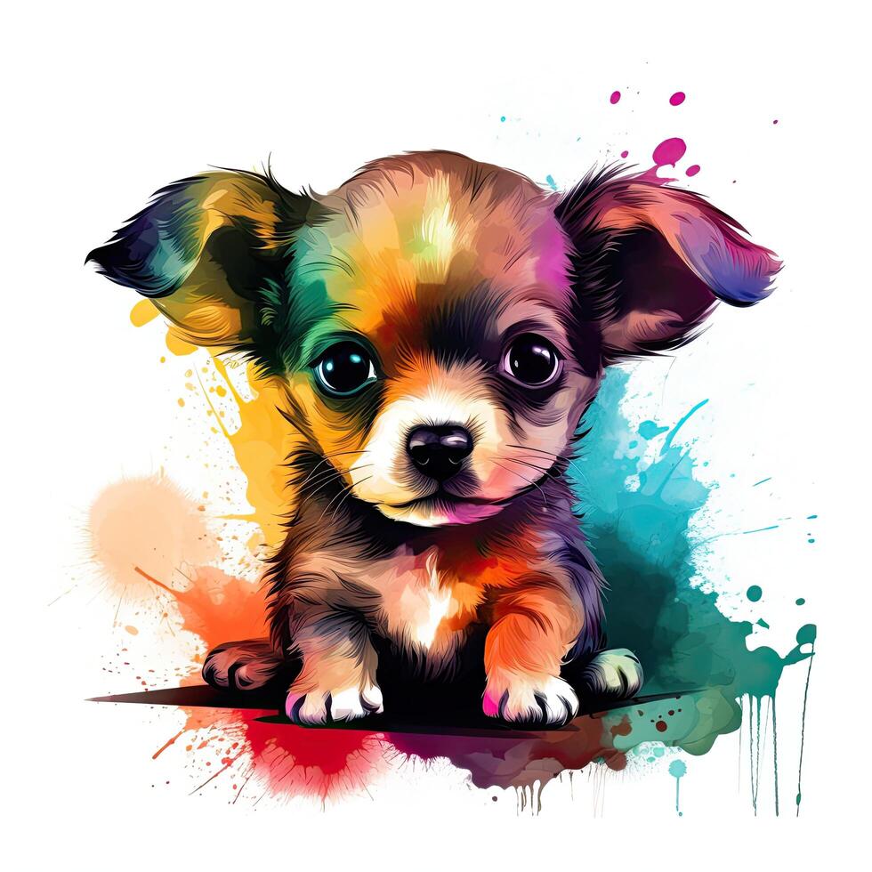 Colorful puppy coloring page. Puppy sitting on a white background. Small puppy illustration collection with a color splash and colorful fur. Cute dog coloring page bundle for kids. . photo
