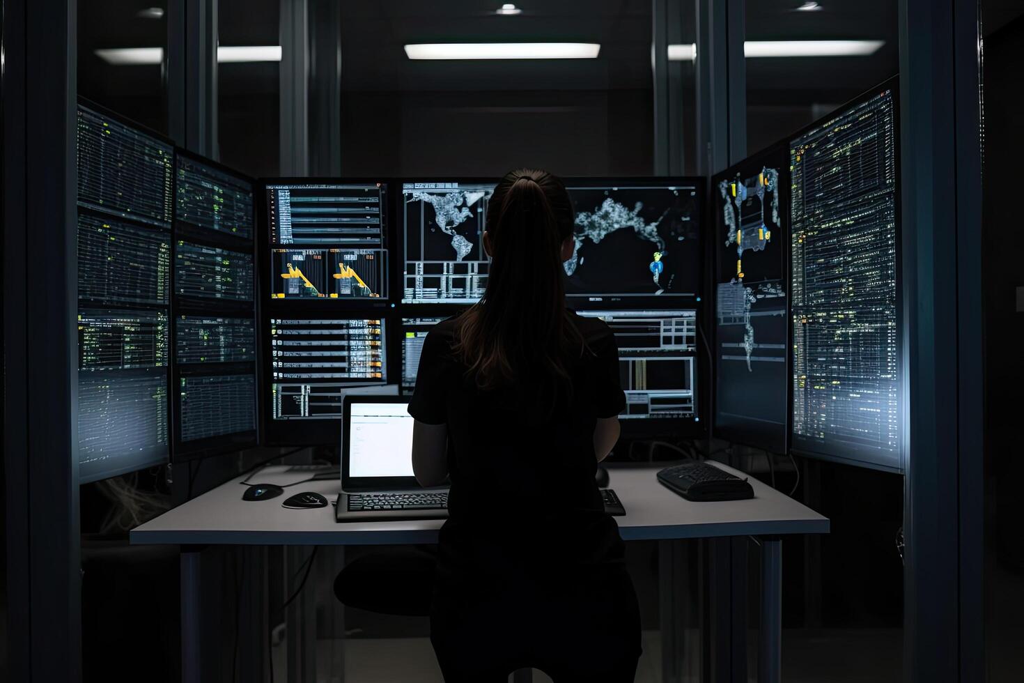 Back view of businesswoman working in server room at night. Concept of technology and programming. A woman server engineer full rear view with a laptop checking server, photo