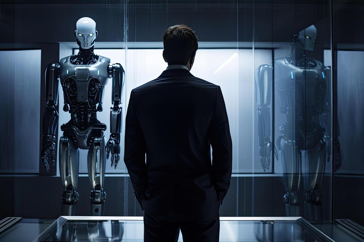 Businessman looking at the futuristic robot in museum. 3D Rendering, A businessman looking at a digital hologram display. photo