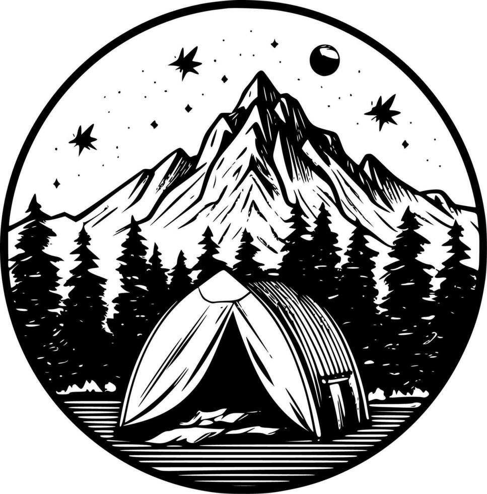 Camping, Black and White Vector illustration