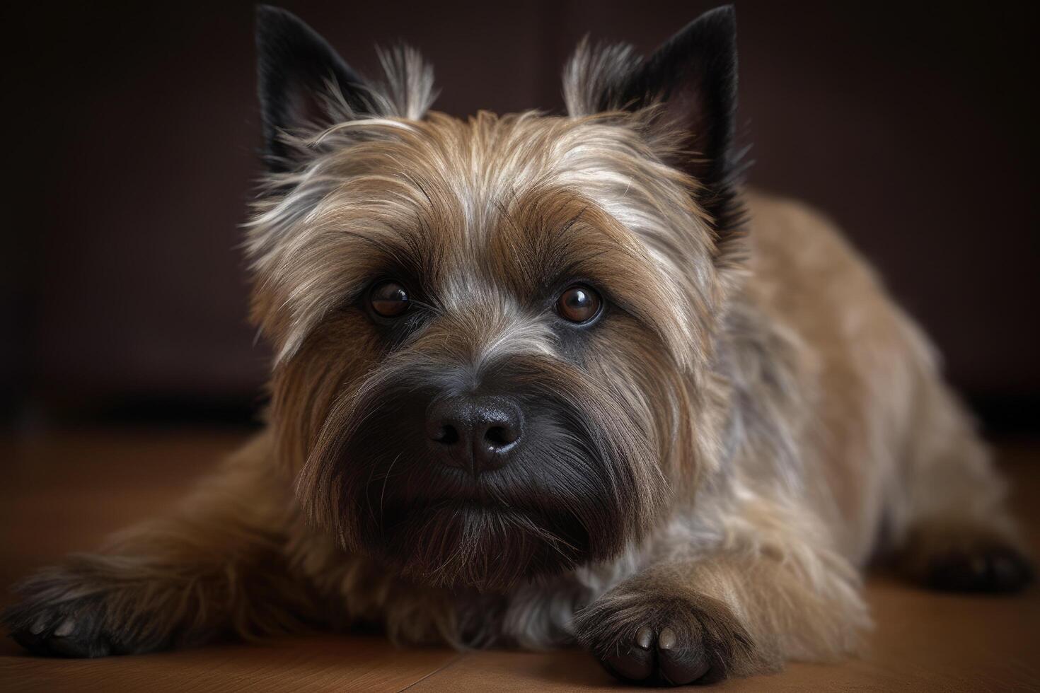 Portrait of a Cairn Terrier lying on the floor photo