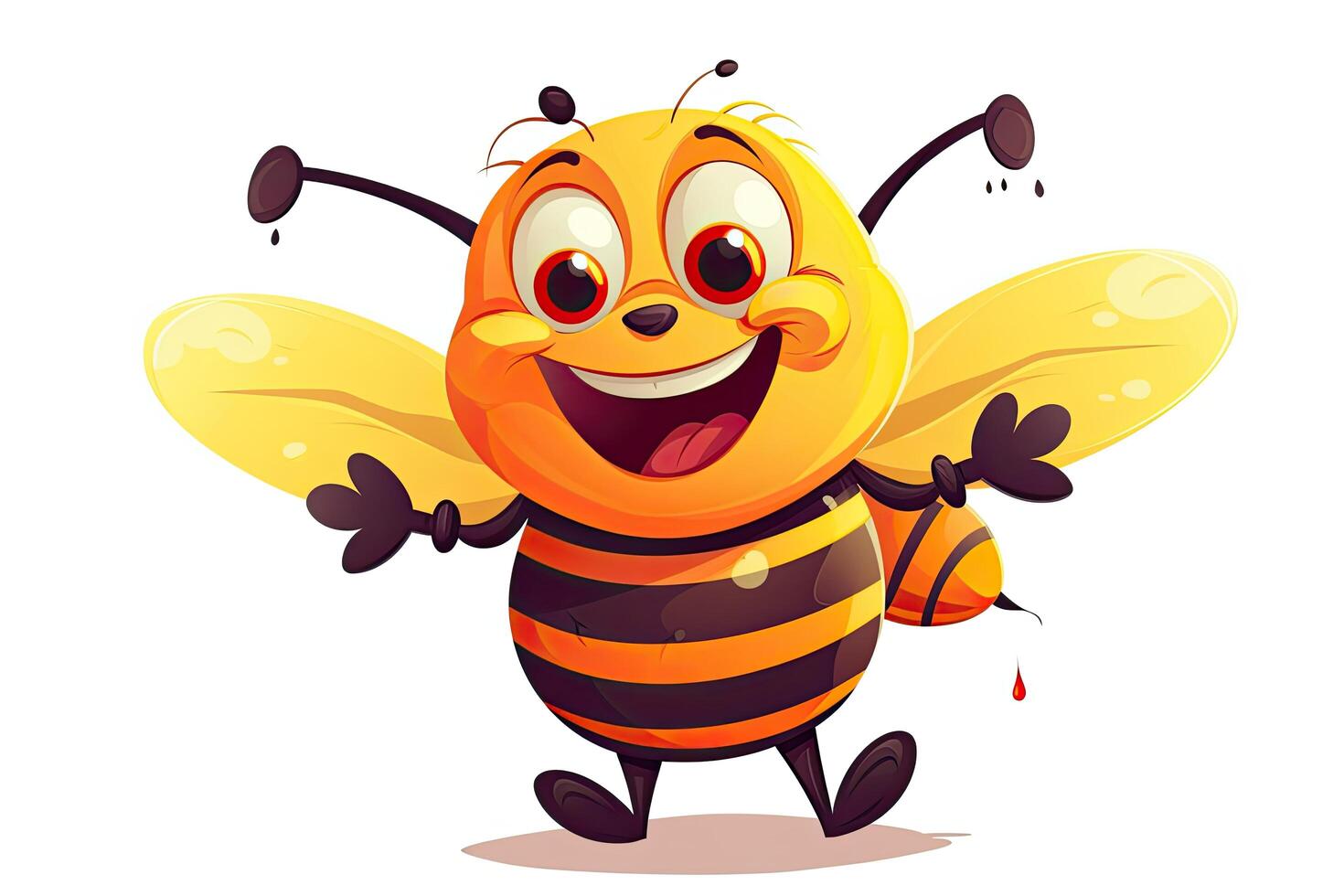 Cute cartoon bee illustration isolated on white background. Funny bee character. A cartoon bee with a happy face and arm raised in a cheerful gesture. photo