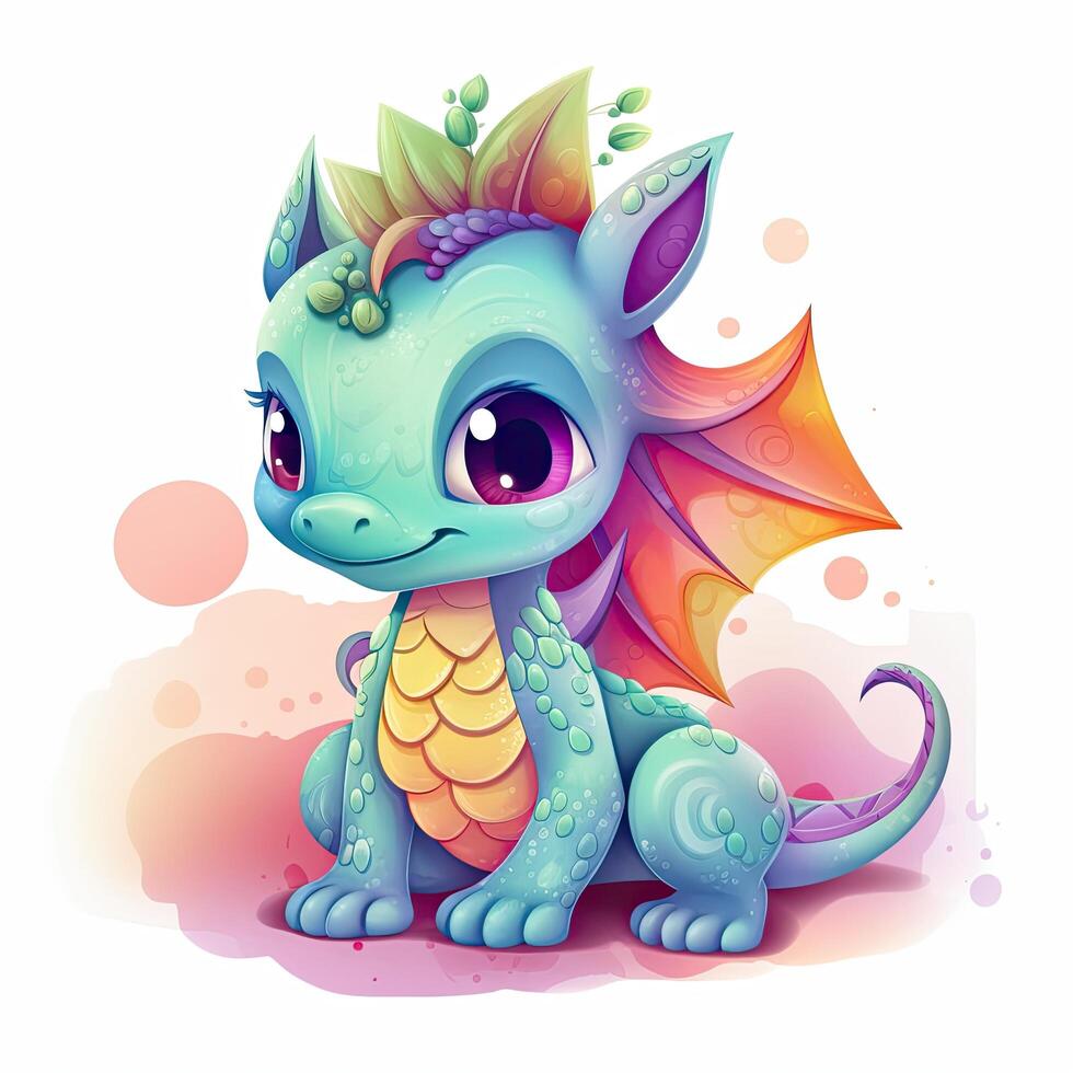 Playful baby dragons collection with colorful bodies. Colorful baby dragon bundle with beautiful eyes and color splash. Cute dragon set, smiling and sitting on a white background. . photo