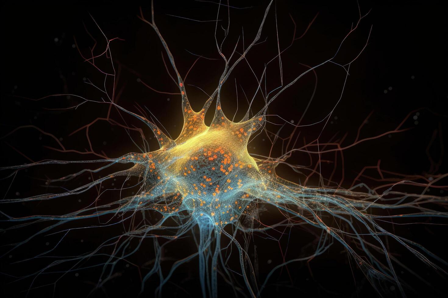 Colorful neurons glowing on a dark background. Human brain cell close-up shot with connection lines. Biology concept with a human brain neuron. Macro brain cells on a dark background. . photo