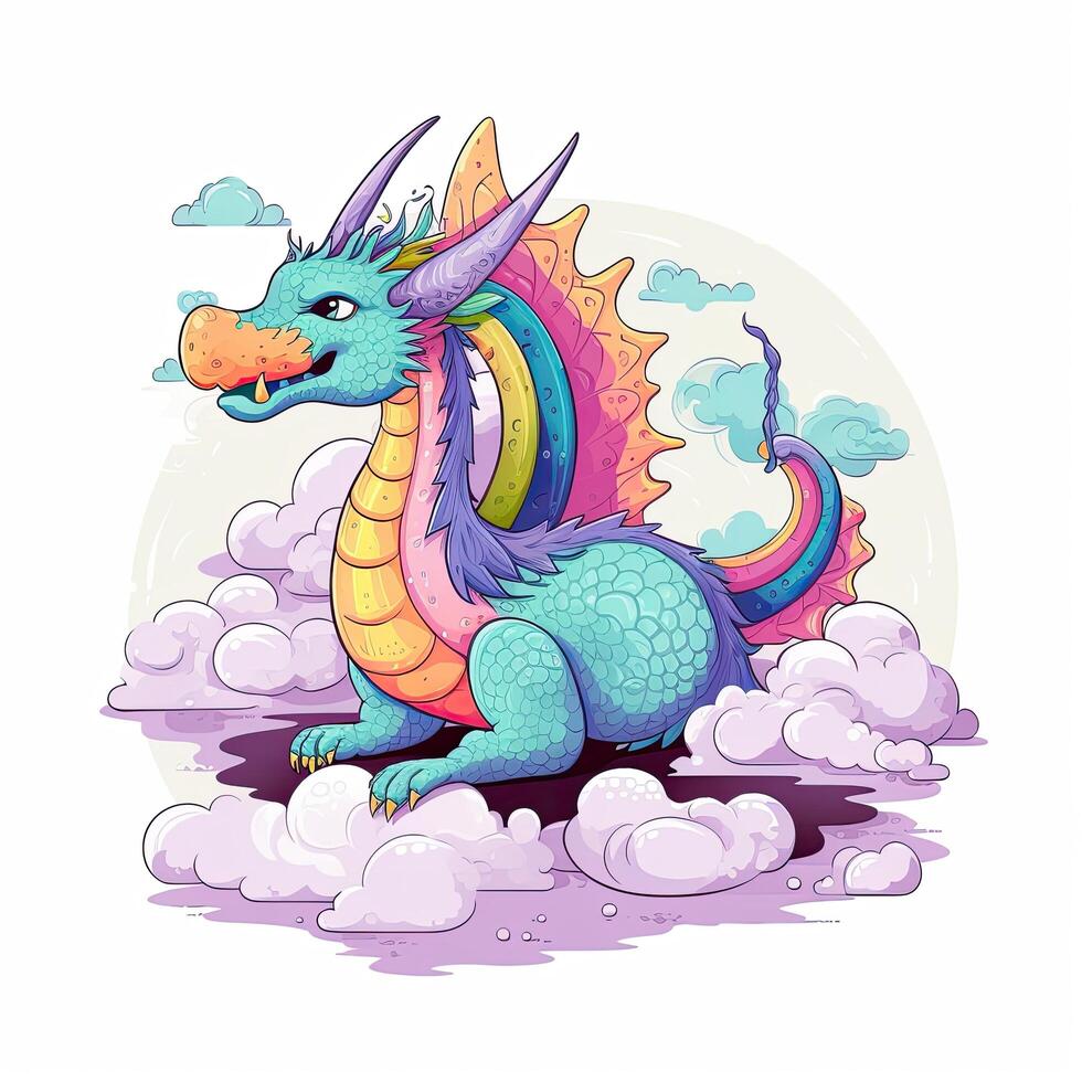 Mythical dragons on cloud collection. Colorful baby dragon cartoon with clouds. Colorful dragons sitting on clouds set design for kids coloring pages. . photo