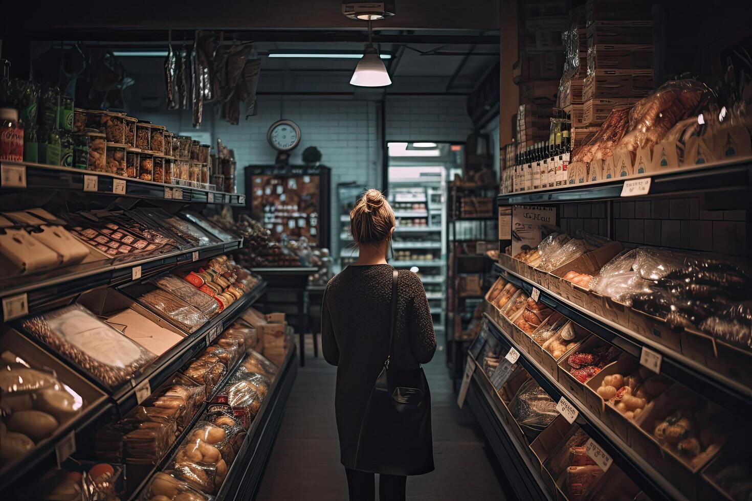 Back view of a young woman standing in a bakery and looking at the shelves. A woman full rear view shopping in a food shop, photo